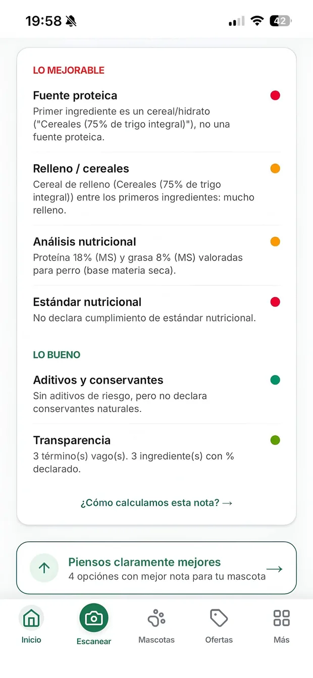 Desglose por colores de Petiqueta: en rojo y naranja lo mejorable, en verde lo bueno de un alimento